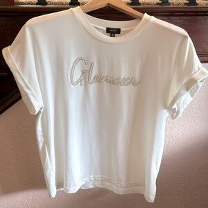 ONTWELTH GLAMOUR Pearl & Rhinestone Glamorous White Short Sleeve Tee Shirt XL
